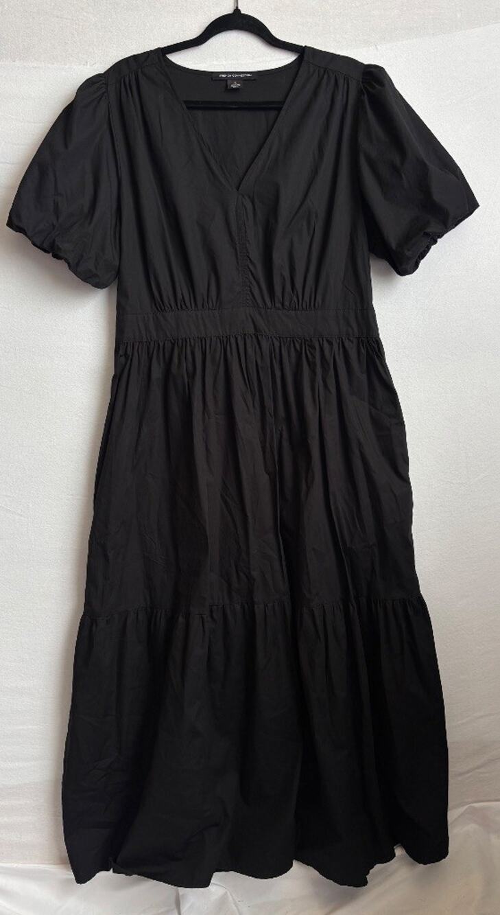 Black 100% Cotton Tiered Puff Sleeve Maxi Dress‎ XL Pockets Boho Dark Romantic